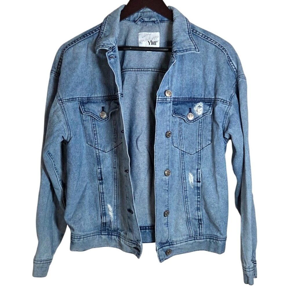 YMI With Love Light Blue Distressed Classic Denim Trucker Jean Jacket Size M - Picture 3 of 8